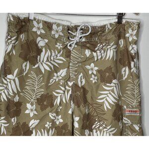 IZOD Men’s XL Hawaiian Print Tan and White 40” X 8.5” Cargo Pocket Swim Trunks